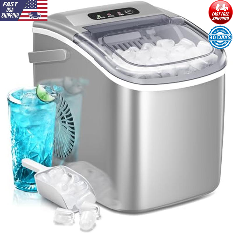 Portable Self-Cleaning Ice Maker 26Lbs/24H Bullet Ice Gray Easy Operation New