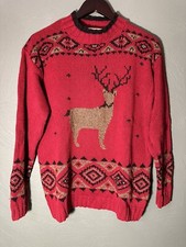 Vintage Eddie Bauer Winter Christmas Sweater Womens Large Red Reindeer All Over