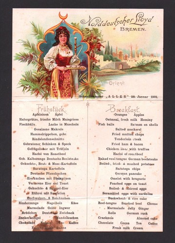 1901 Cartolina Menu Norddeutscher Lloyd Brema Aller Vapore Cromolitografia - Foto 1 di 2