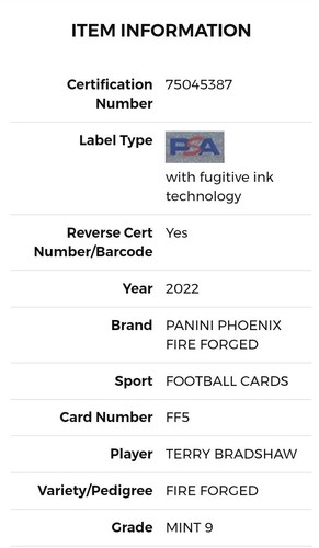 TERRY BRADSHAW 2022 PANINI PHOENIX FF5 FORGED IN FIRE ORANGE /99 PSA MINT 9 - Picture 4 of 5