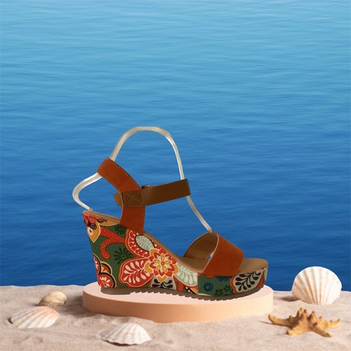 Sandals Wedge Heels Multi Colored Orange Straps NWOT Buckle Gold Size US 9 EU 40 - Picture 9 of 12