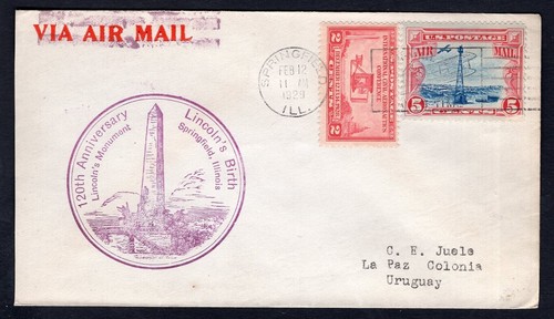 USA Springfield IL 1929 Airmail Cover to Uruguay. Lincoln's Birth Anniversary