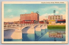 Vintage Postcard KS Wichita Douglas Avenue Bridge Skyline Linen ~7269