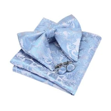 Light Blue Paisley Bow Ties for Men Pre-tied Oversized Bow Tie and Pocket Squ...