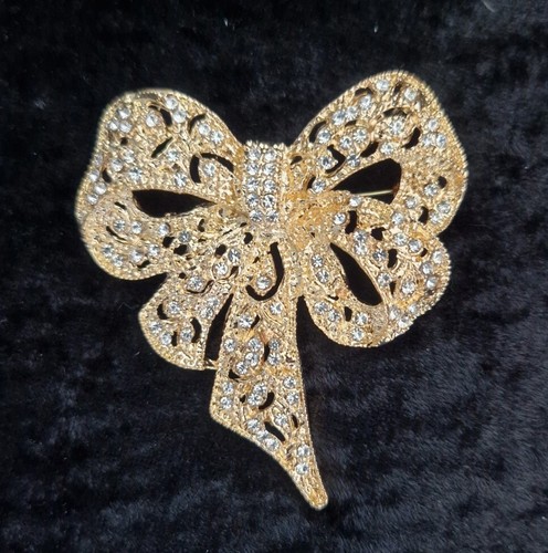 Large Gold Colour Rhinestone Bow Brooch Vintage Inspired