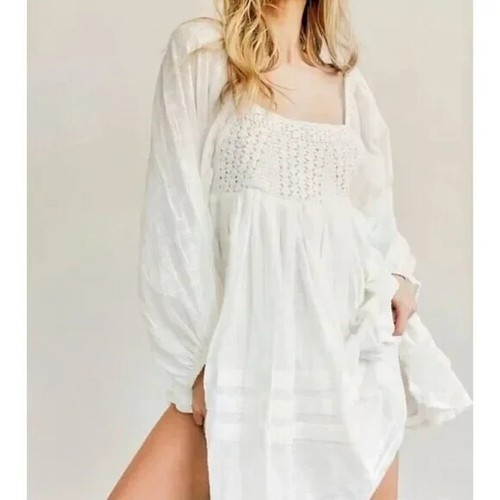 Free People Babydoll Dress Ari Mini Ivory Crochet Gauze Cottage Bohemian Boho S - Picture 3 of 15