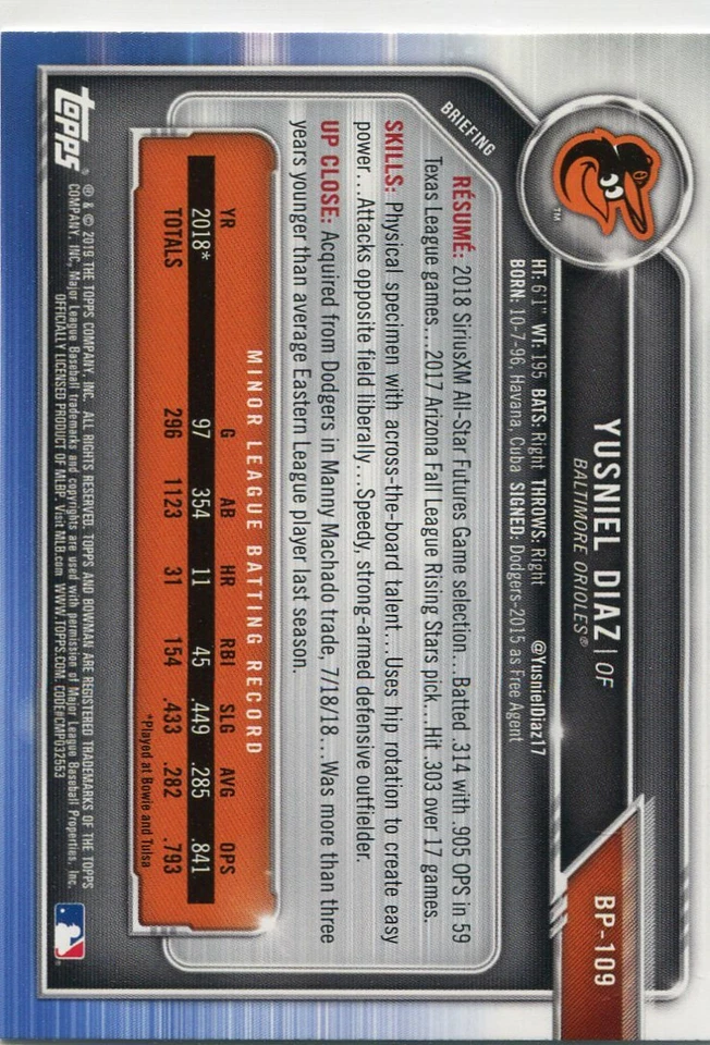 2019 BOWMAN PROSPECTS RC YUSNIEL DIAZ BALTIMORE ORIOLES ROOKIE - A1762-3 - Image 2 of 2