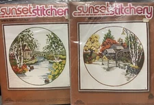 2 SUNSET STITCHERY CREWEL EMBROIDERY KITS GARDEN COTTAGE MILL POND 1978 Sealed