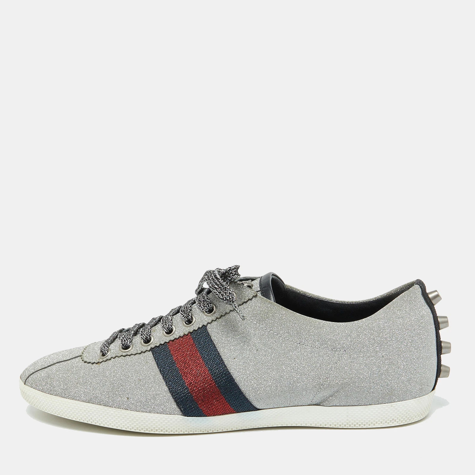 Baskets basses cloutées Gucci métallisé argent pailleté Bambi détail toile taille 43