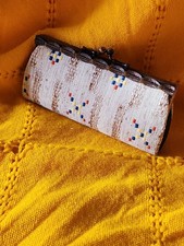 Vintage Kiss Lock Clutch Woven Needlepoint Purse Retro Geometric Small Handbag