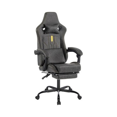 Dark Grey PVC Leather Gaming Chair w/ Footrest, Headrest & Lumbar, Reclining