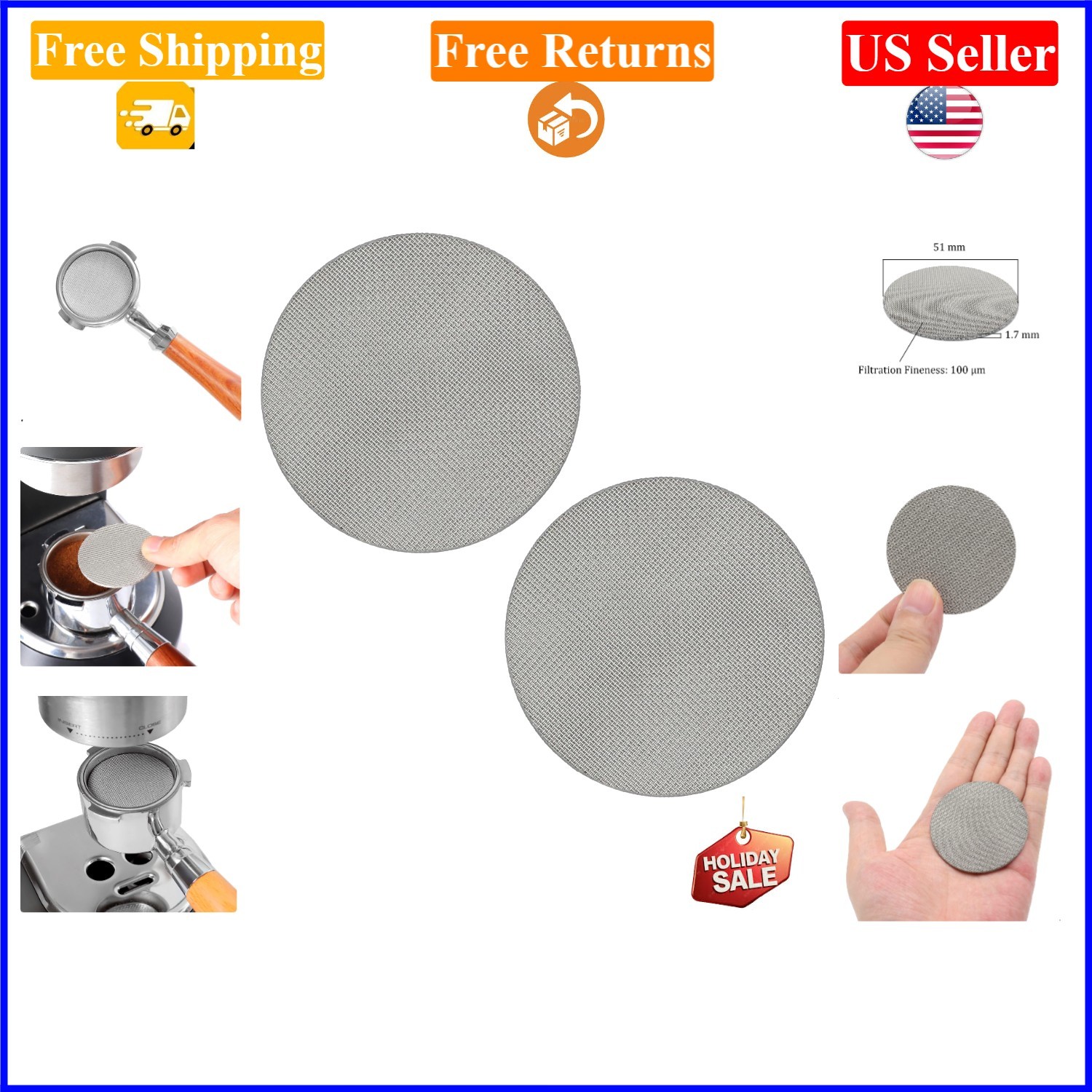 2 Pack 51mm Reusable Stainless Steel Coffee Puck Screen for Espresso