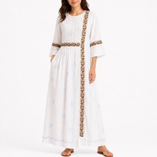 White Embroidered Floral Sequin Bohemian Cotton Maxi Dress Size M
