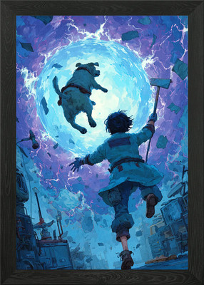 Dog and Boy in Sci-Fi Setting Framed Wall Art Poster Canvas Print Picture