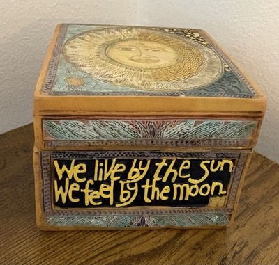 Vintage 1997 Celestial Wood Trinket Box Sun Moon Cat Artist Stamp Red Velvet 90s