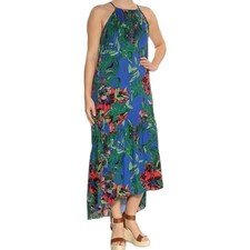 Rachel Roy Floral Halter Midi Dress Blue Green Red Tropical Tiered Size M Beachy
