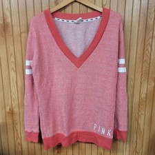 PINK Victoria's Secret V-Neck Sweatshirt Coral Orange Varsity Stripe Womens XS