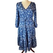 LOFT Paisley Dress Boho Midi Ruched Waist Blue Size Large