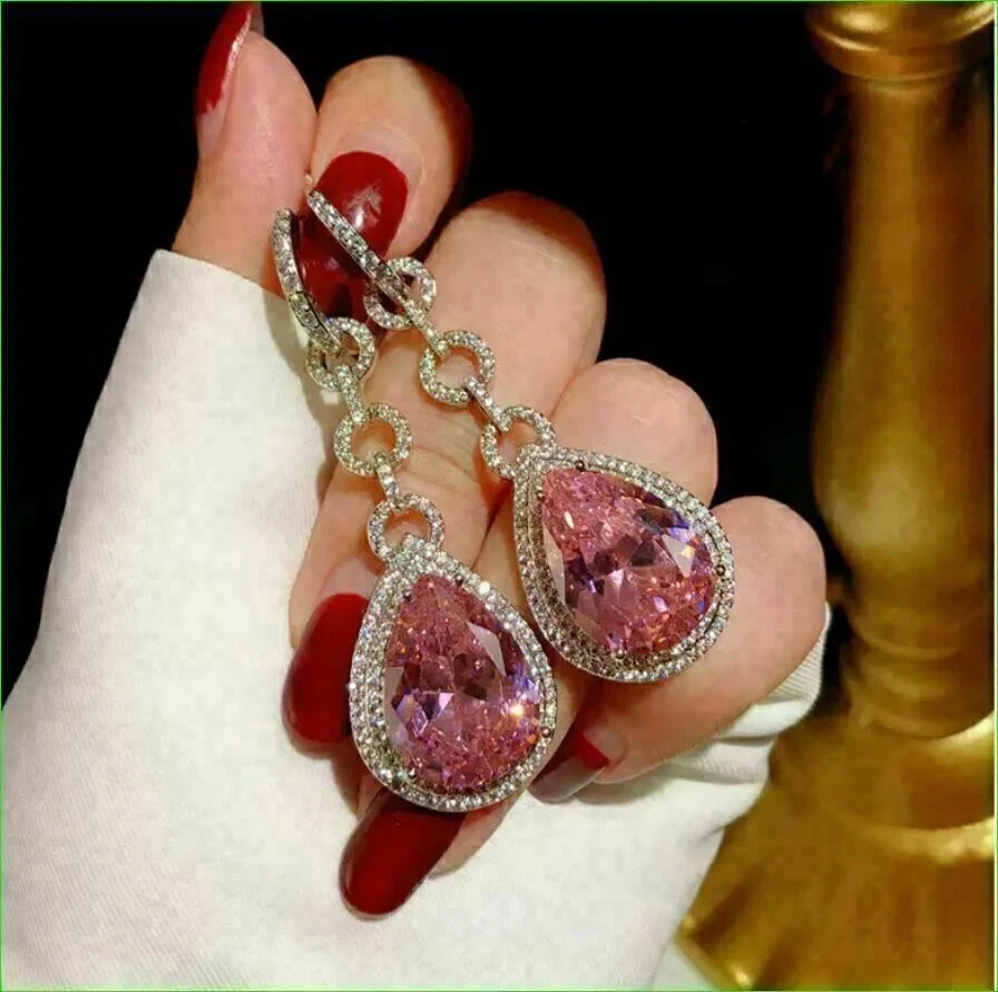 4 Ct Pear Cut Lab Created Pink Sapphire Drop/Dangle Earrings 14K White Gold FN
