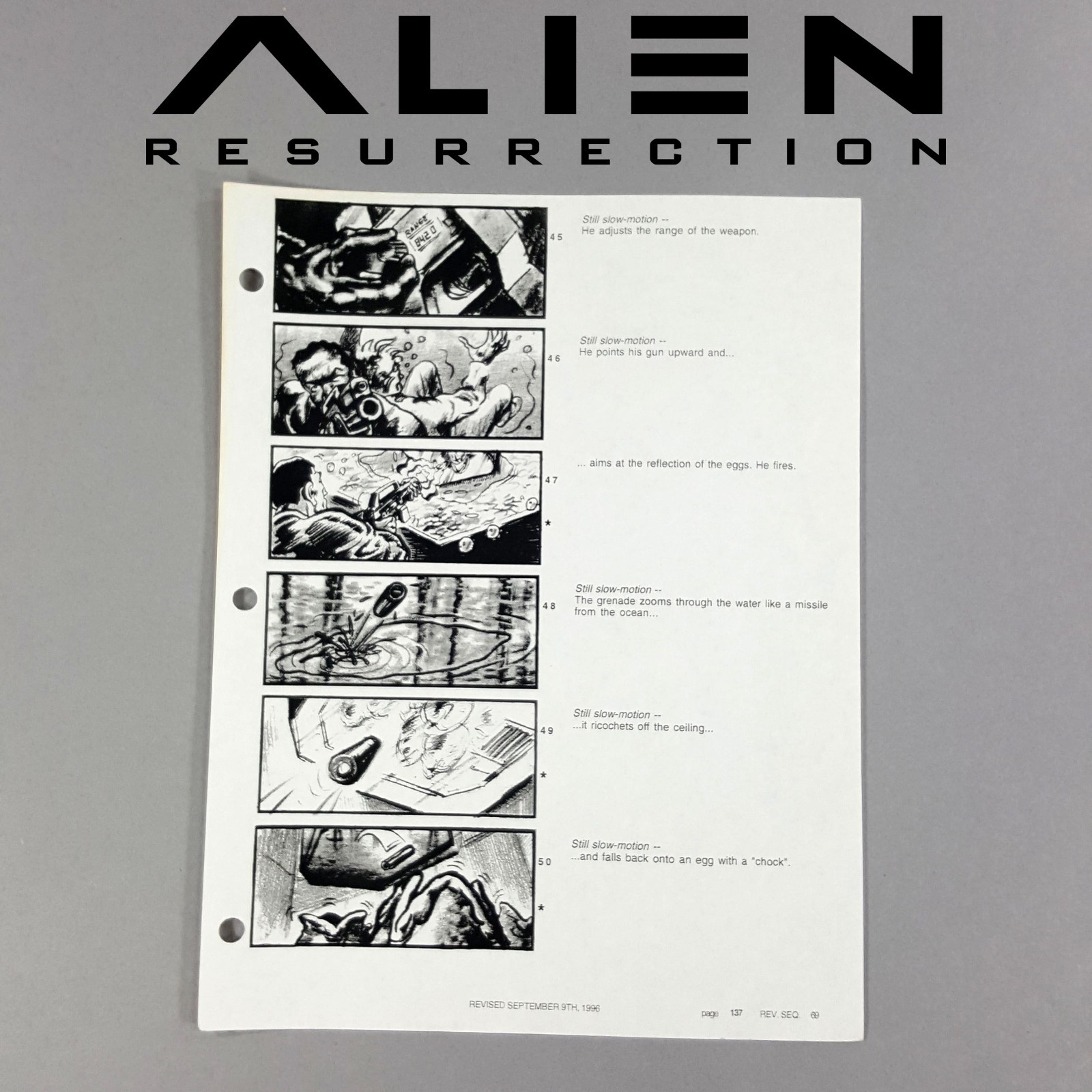 Alien: Resurrection - Production Used Storyboard, Grenade into Alien Egg, COA