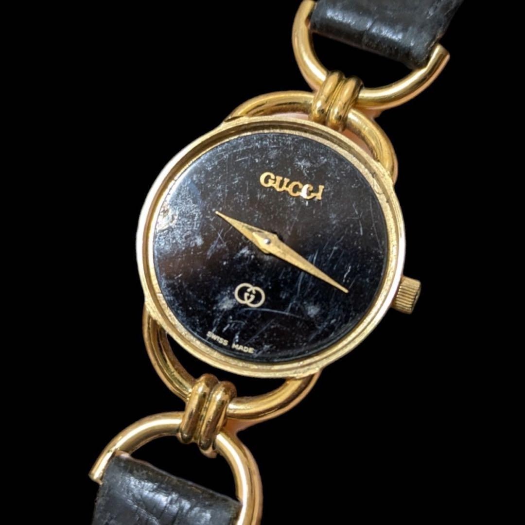 GUCCI 6000L Quartz Women's Watch Black Dial Analog Leather Band