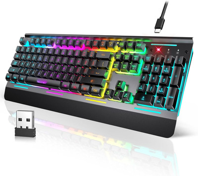 TECKNET Wireless Gaming Keyboard, 2-in-1 (2.4G Wireless & Wired) Rechargeable Ke
