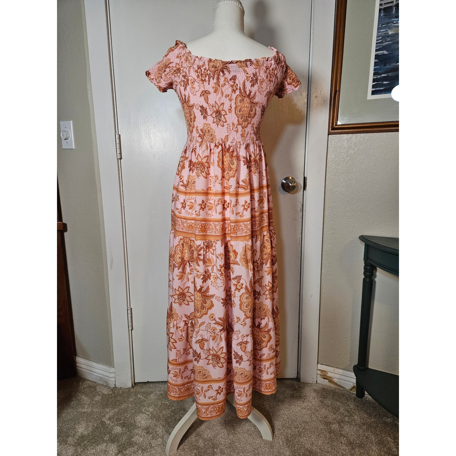 Maxi Dress Women Large Pink Floral Smocked Tiered Cottagecore Romantic Sundress-image