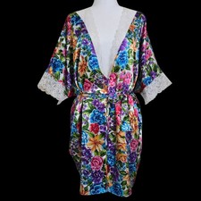 VTG Delicates Womens Colorful Floral Satin Lace Belted Lounge Kimono Robe Medium