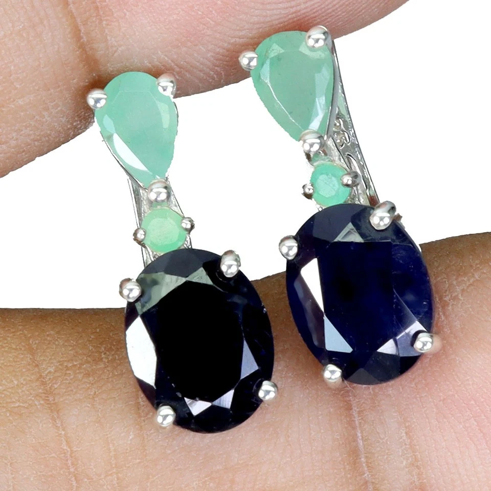 Ювелирные изделия серьги серебро 925 пробы овальный синий сапфир 9x7 мм изумруд драгоценный камень - Изображение 2 из 4