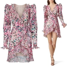 Rococo Sand Mimi Ruffle Trim Long Sleeve Mini Wrap Dress Pink Floral Barbiecore