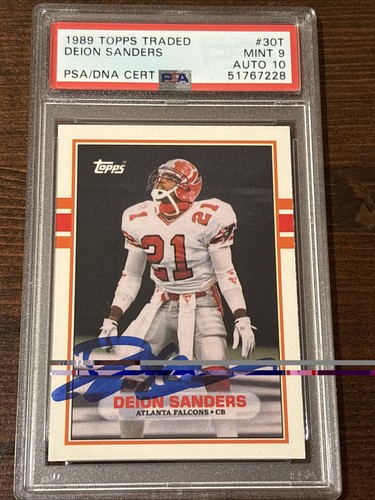 1989 Topps Traded Deion Sanders #30T Rookie RC Signed Auto PSA Dual Graded 9/10
