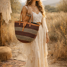 SISAL BUCKET BAG Vintage Woven Leather Straw Tote Large Boho Purse Hippie ethnic