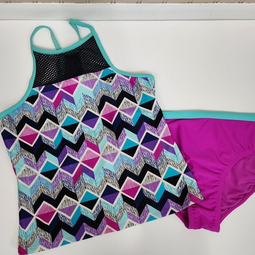 ZEROXPOSUR 2 Piece Tankini Swimsuit Set Geometric Modest Girls Black Pink SZ 16