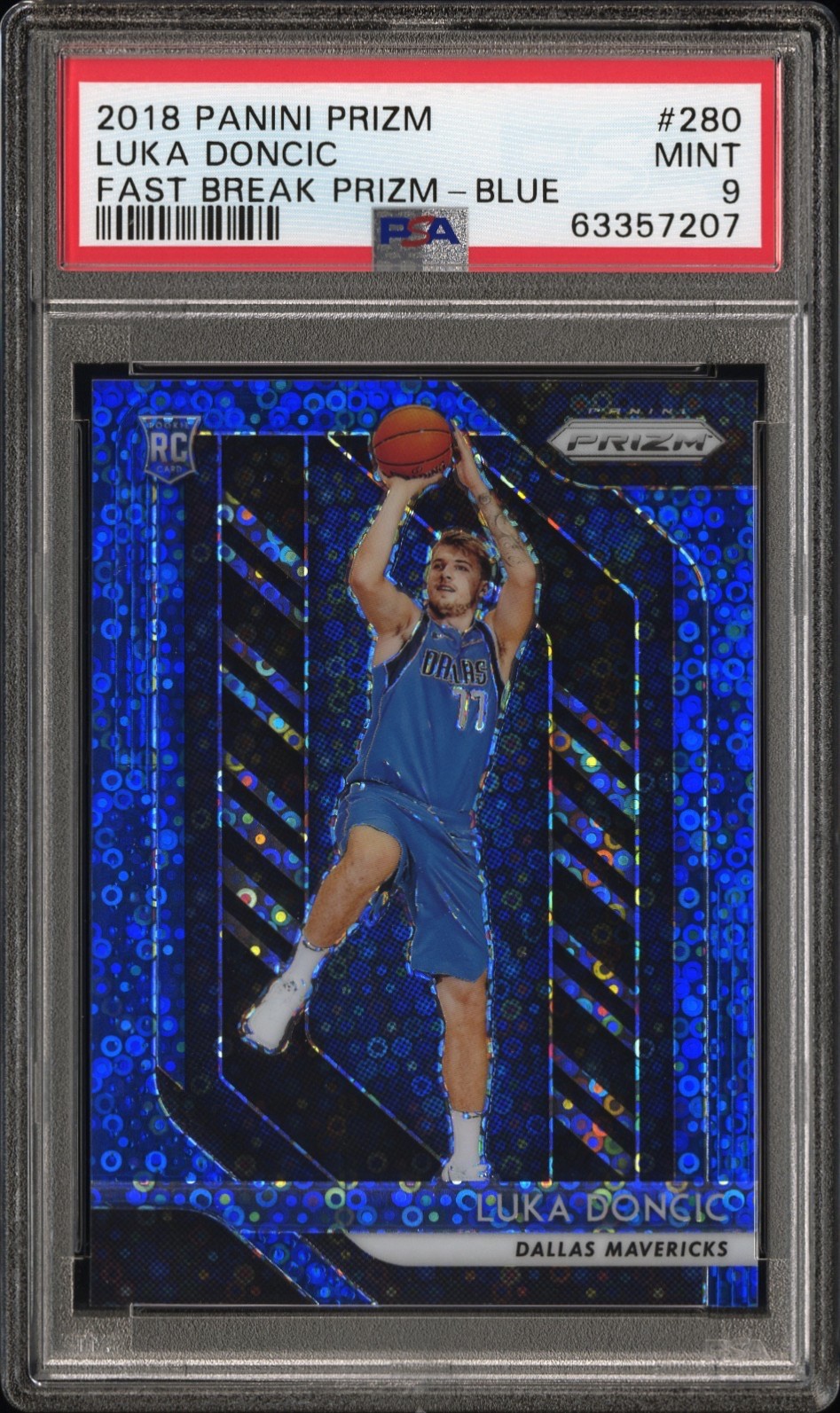 2018 PANINI PRIZM LUKA DONCIC RC ROOKIE BLUE FAST BREAK DISCO 51/175 PSA 9 MINT
