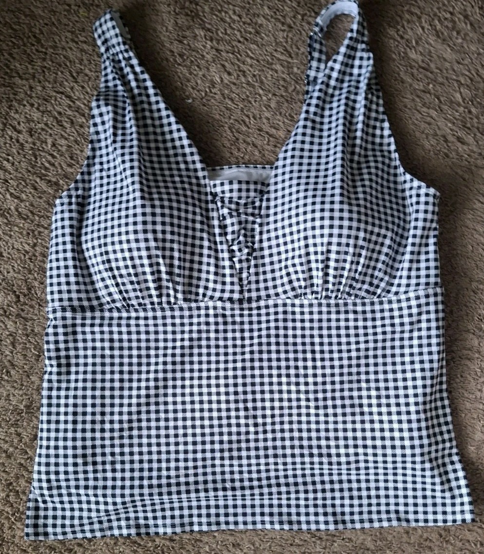 Lands' End Womens Size 26W  Black Gingham Tankini Swimsuit Top Square Neck New