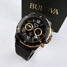 Bulova Marine Star 98B278 Black Dial/Rubber Men's Quartz chronograph Watch 44mm