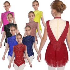 Kids Girls Skirts Mock Neck Bodysuit Ice Skating Dress Tassel Dancewear Leotard