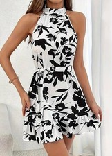 New New Women’s Floral Print Halter Neck Sleeveless Tie Belt Ruffle Hem Dress