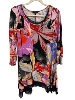 Cupio Tunic Top Size Large 3/4 Sleeve Floral Mesh Asymmetric Hem Multi Bohemian