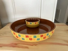 Harry & David Round Chip and Dip Serving Bowl Platter Plate Yellow/Brown Multi
