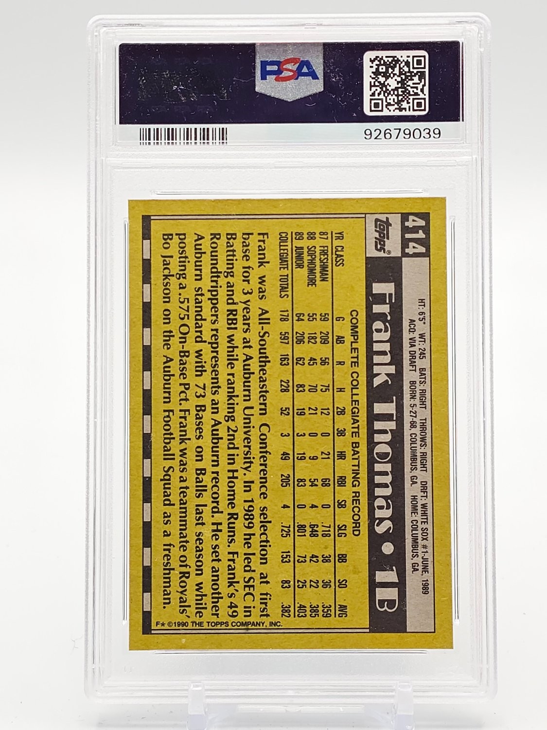 FRANK THOMAS 1990 TOPPS BASEBALL NAME ON FRONT ROOKIE RC #414 SOX PSA 9 G Q7836 view 2