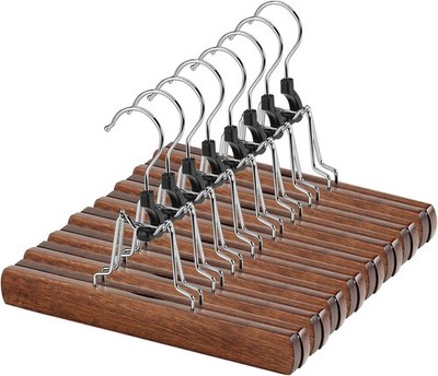 12 Pack Walnut Wooden Pants Hangers with Non Slip Grip for Skirts and Trousers