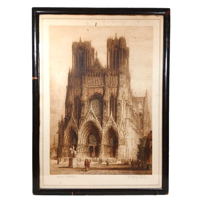 1919 Hand Tinted Etching Cathedral of Notre-Dame in Rheims by J. Alphege Brewer