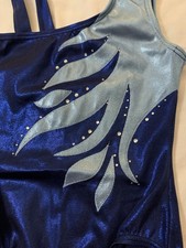 Balera Rhinestone Contrast Flame Swirl Leotard Childs Size SC Navy Royal