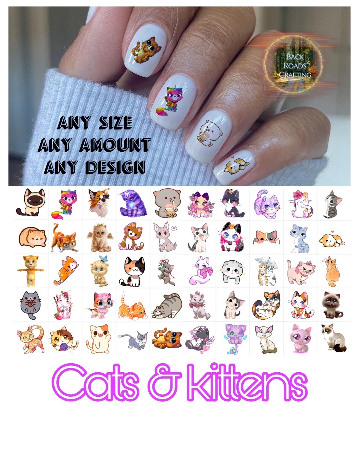 Cats Kittens Waterslide Nail Decals Set Of 50 Instructions & Bonus