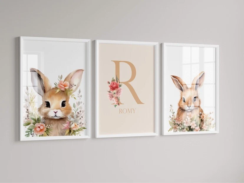 Personalised Girls Rabbit bedroom print (Set of 3 ) Pictures Nursery Print
