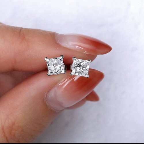 FINE 2.Ct Princess Cut Created Stud Earrings 14k White Gold 6mm Push Back