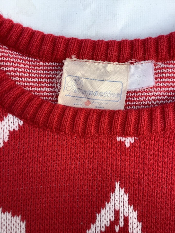 Suéter Acrílico Vintage Años 80 Nueva Ola Rojo/Blanco PERSPECTIVA Canadá M Flecha India Foto 2 de 4