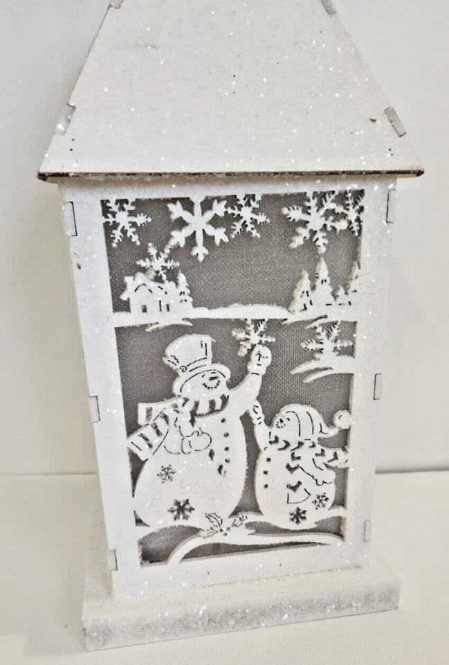 White Wood Lantern Light Up Christmas Mica Sparkle Snowman Hanging Decor - Image 3 of 4