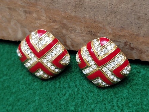 CINER VINTAGE CLIP-ON EARRINGS RED ENAMEL GOLD TONE RHINESTONE MODERNIST SIGNED - Picture 8 of 12